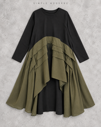 Khaki & Black Asymmetric Pleated Midi Dress-SimpleModerne