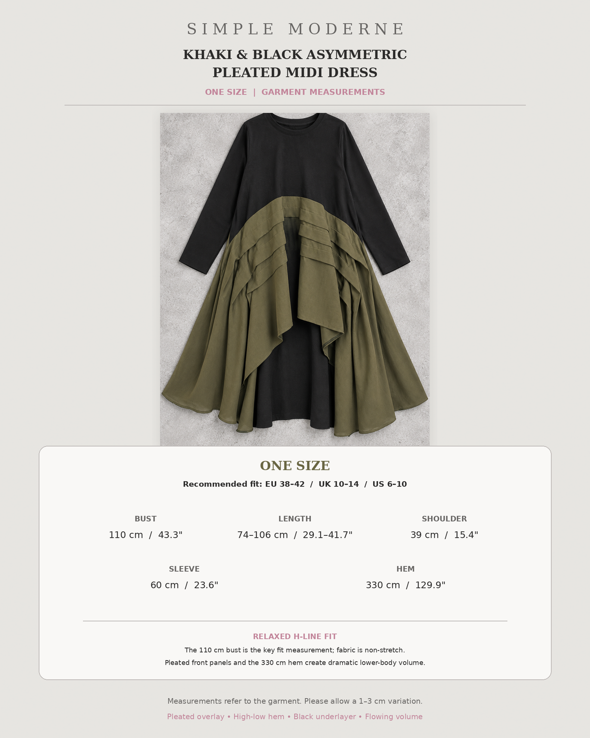 Khaki & Black Asymmetric Pleated Midi Dress-SimpleModerne