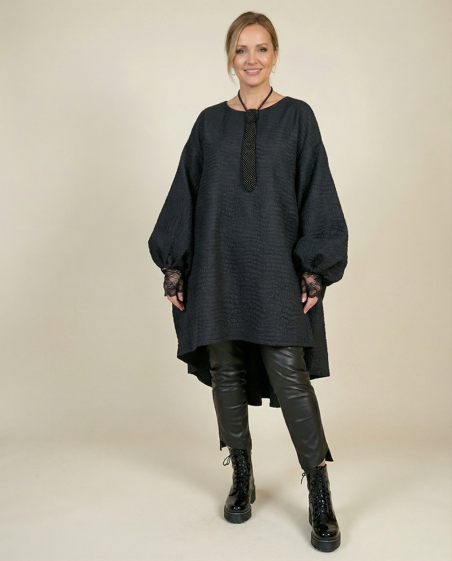 Oversized Lantern Sleeve Dress with Asymmetrical Hemline – Gothic Inspired Minimalism