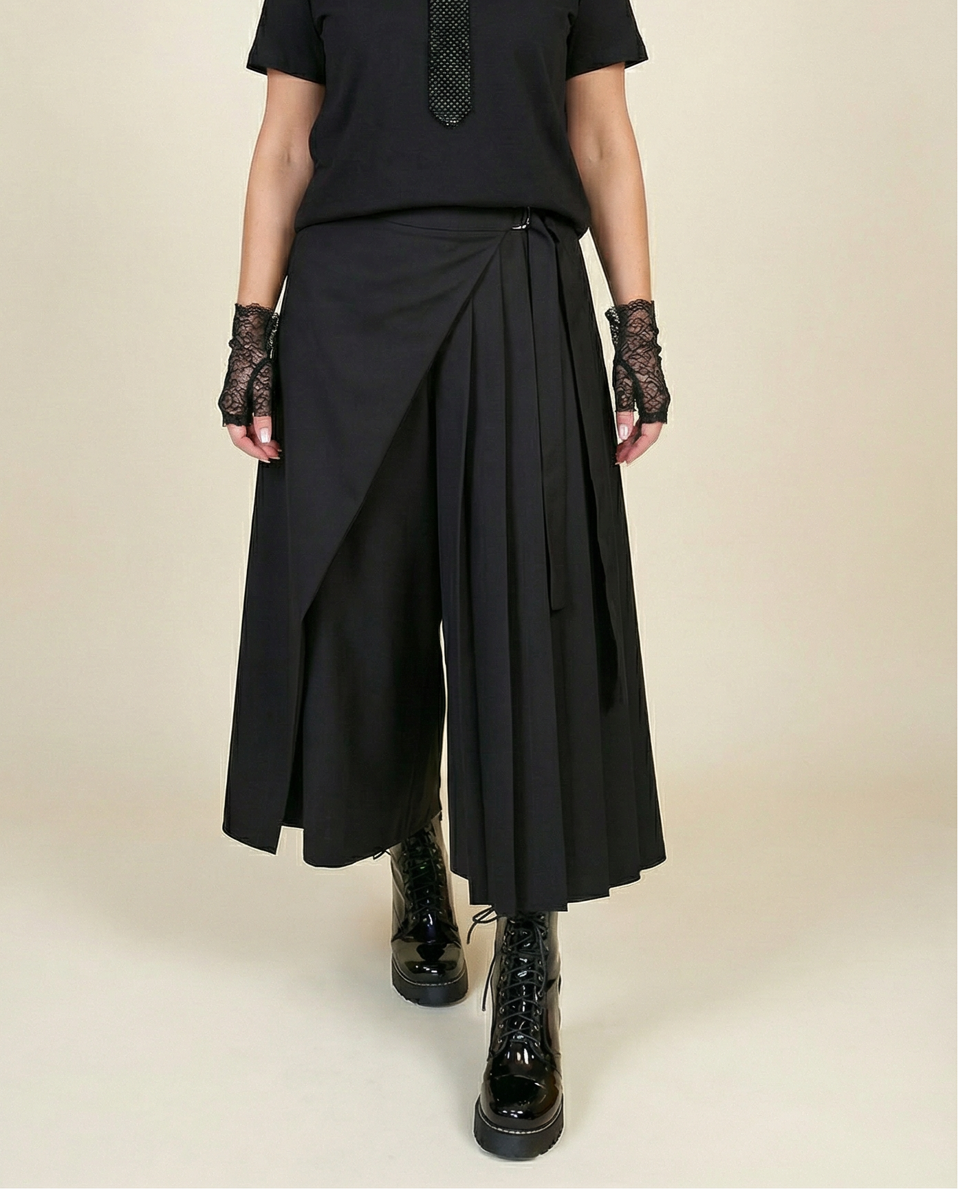 Black Skirt-Pant Hybrid with Pleated Overlay – Edgy and Unique Design for Modern Styles-SimpleModerne