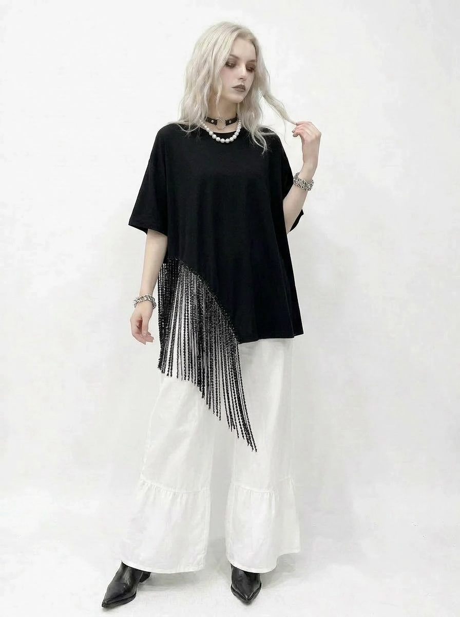 Minimalist Gothic Fringe T-Shirt – Casual Edge Statement Top-SimpleModerne