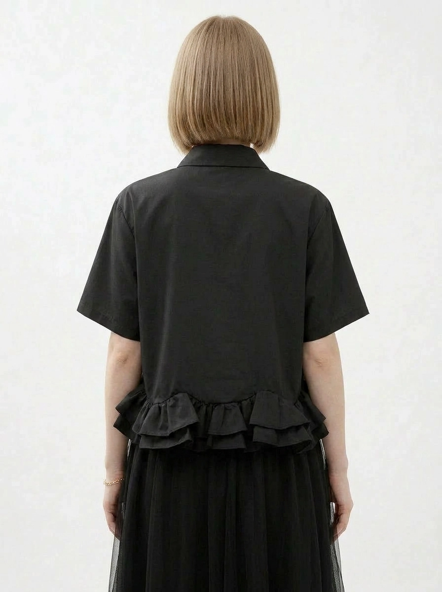 Minimalist Goth Ruffle Hem Shirt – Structured Casual Edge Top-SimpleModerne