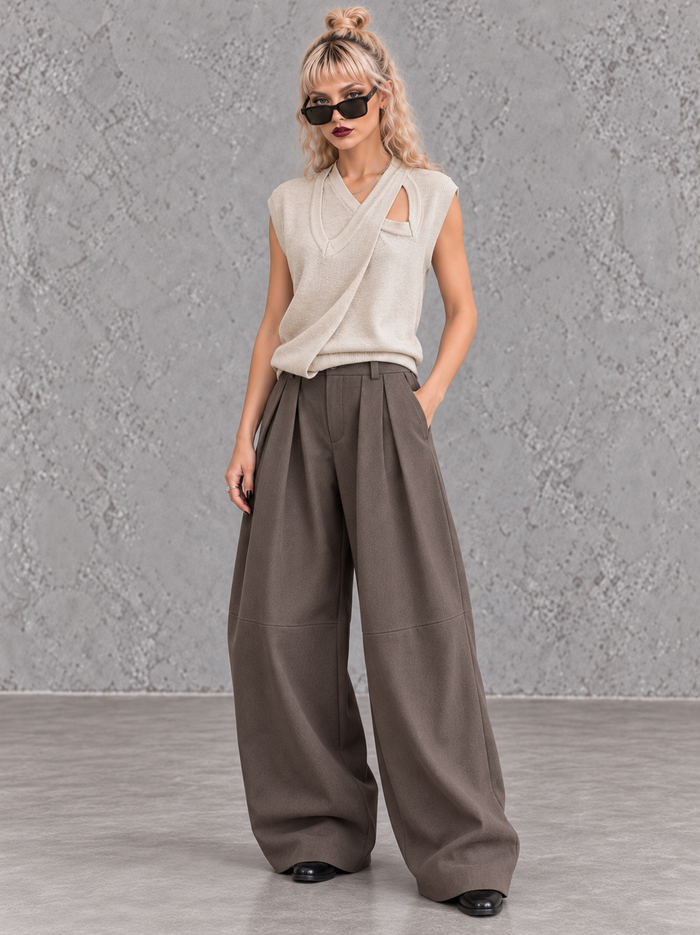 Mocha Structured Extra Wide-Leg Trousers-SimpleModerne
