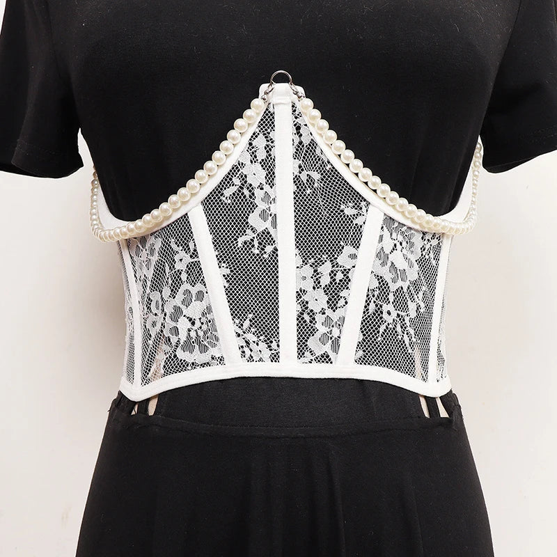 Pearl Lace Corset Black Belt-SimpleModerne
