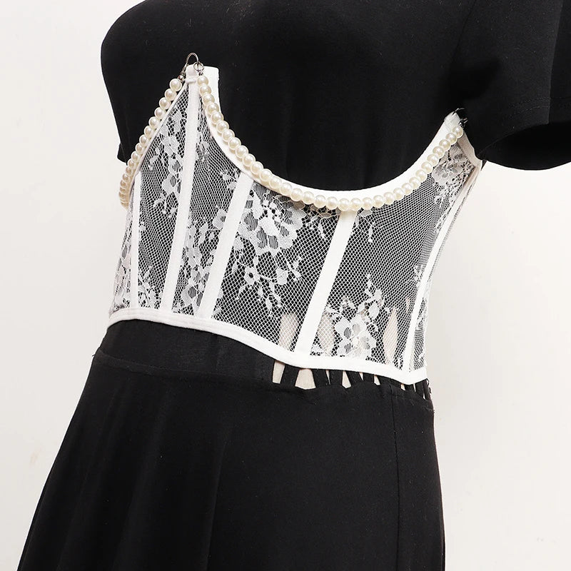 Pearl Lace Corset Black Belt-SimpleModerne
