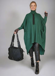 Asymmetrical Knitted Pullover Green Dress with Turtleneck
