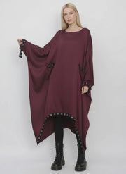 Eyelet-Trim Oversized Pullover Dress — Burgundy Red