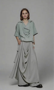 Draped Layered Wide-Leg Trousers – Soft Lightweight Fabric in Mist Grey & Black