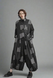 Urban Patchwork Two-Piece Set – Asymmetric Shirt & Wide Capri Pants