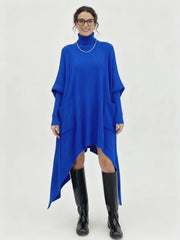 Cobalt Blue Oversized Knit Pullover Dress with Turtleneck & Asymmetrical Hem