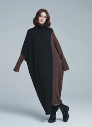Oversized Coffee Brown & Black Colorblock Knit Maxi Pullover Dress – Asymmetrical Turtleneck Statement