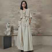 Draped Layered Split-Front Top – Relaxed Fit in Gray, Beige & Brown