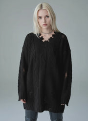 Distressed Knit Sweater — Black / Coffee Brown