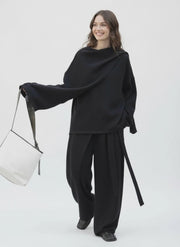 Asymmetrical Draped Black Trousers – Wide-Leg Knit Pants with Belted Detail