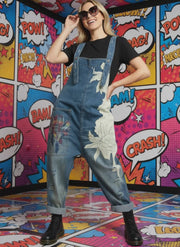 Vintage Oversized Capri Denim Overalls with Floral Print & Distressed Details