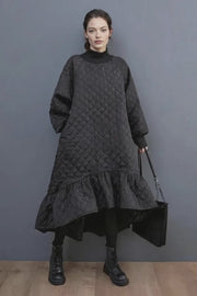 Quilted Winter Dress with Turtleneck and Knitted Cuffs - Warm and Stylish Mid-Calf Design