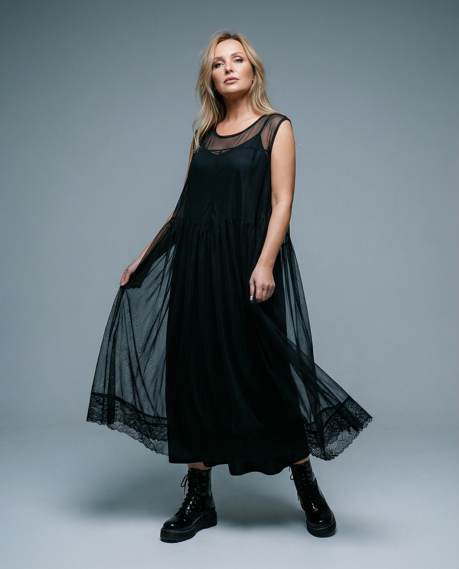 Layered Elegance: Sheer Black Gothic-Inspired Overlay Dress