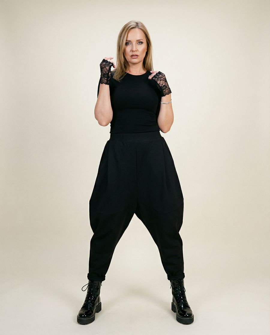 Street Style Black Harem Trousers with Relaxed Fit and Modern Edge