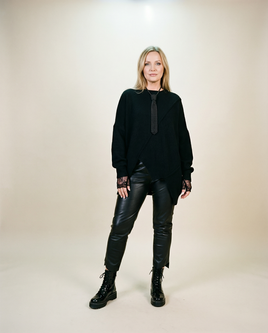 Oversized Black Knit Sweater – Asymmetrical Hem & Raglan Sleeves-SimpleModerne