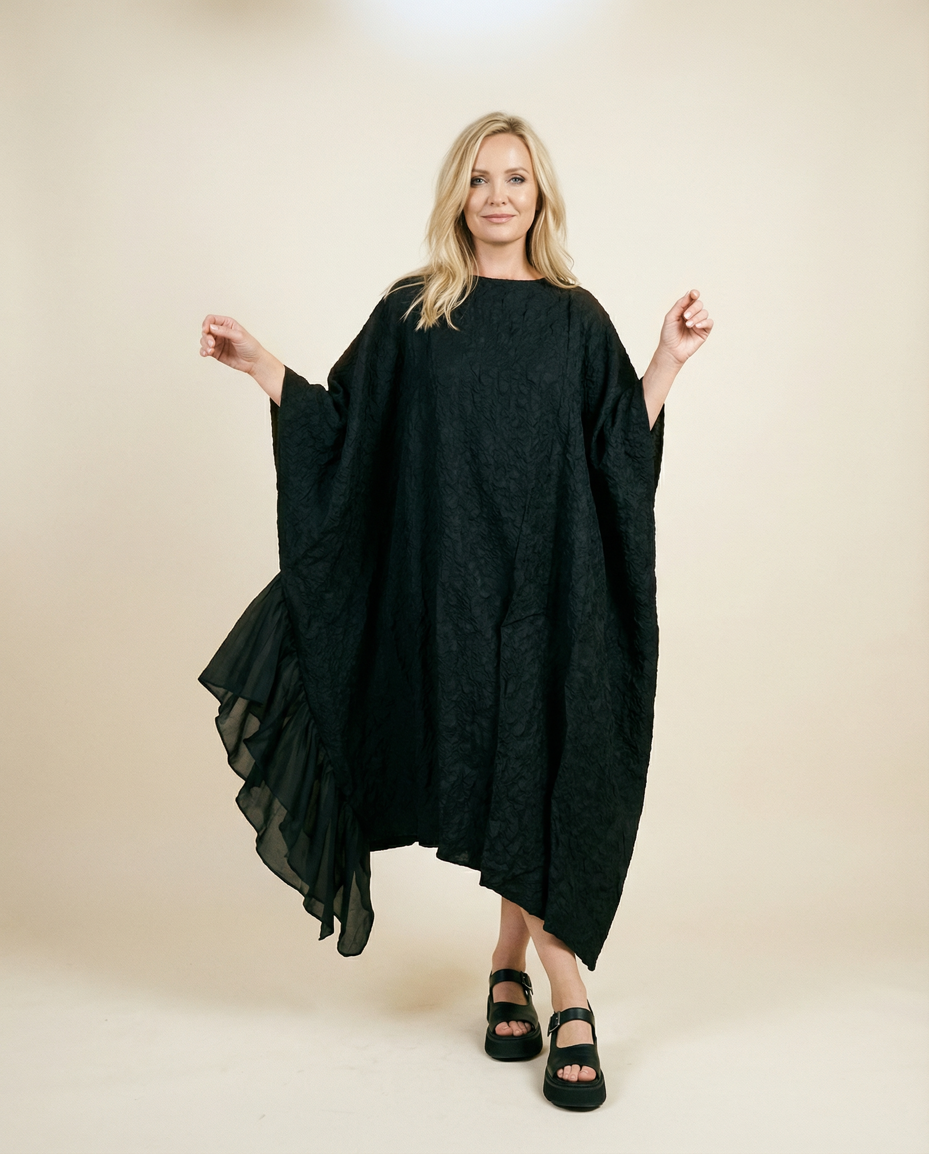 Urban Oversized Black Maxi Dress with Tulle Insert and 3D Textured Fabric