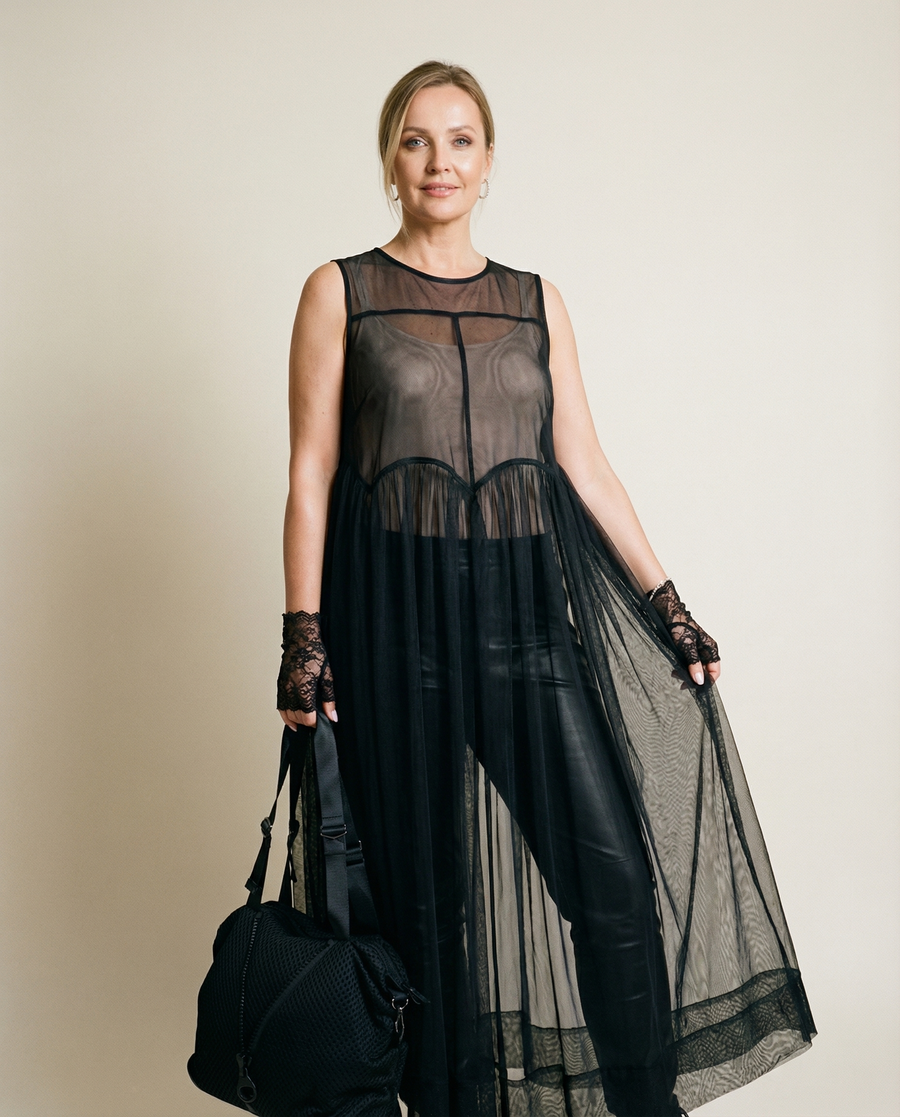 Layered Elegance: Sheer Black Gothic-Inspired Overlay Dress