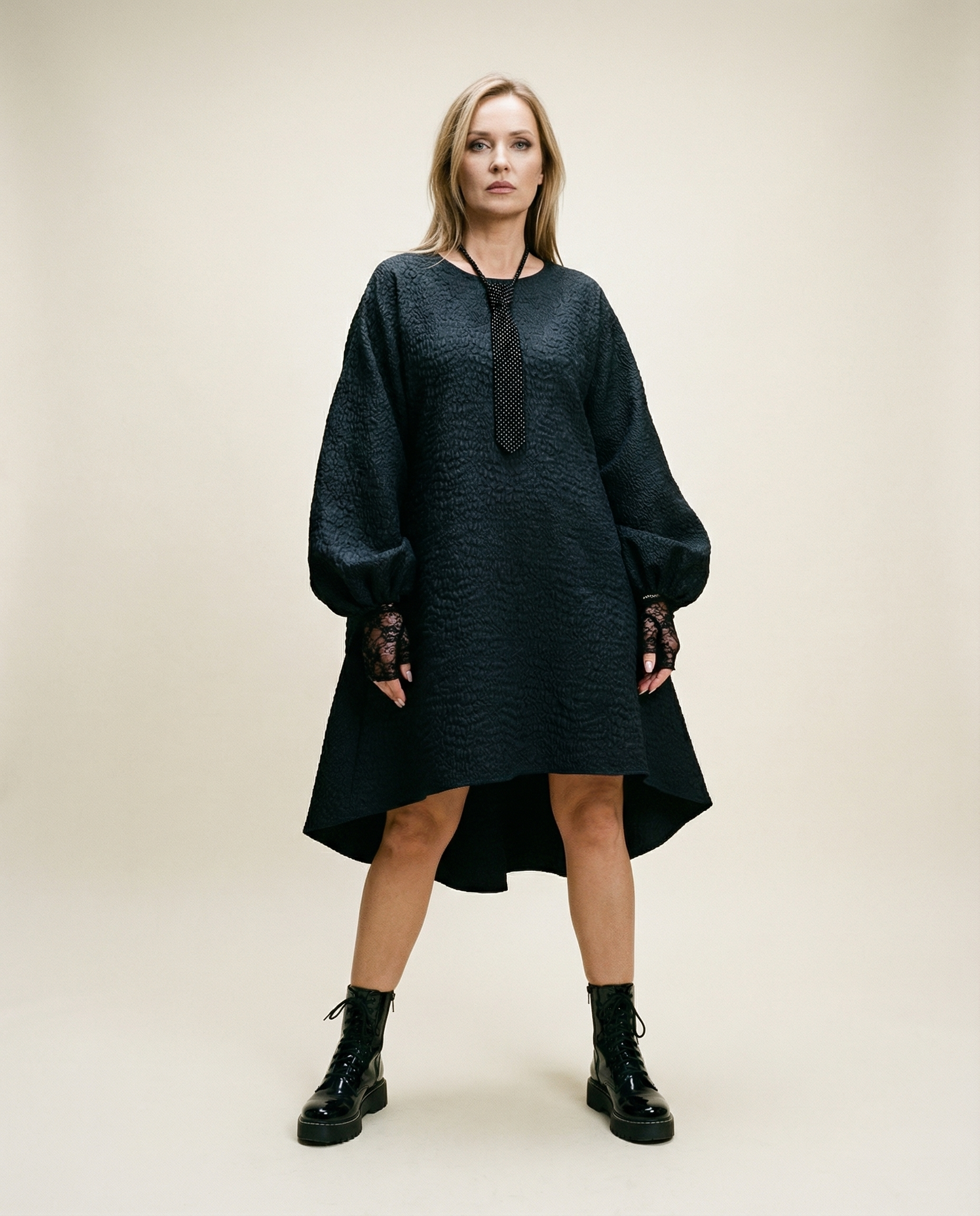 Oversized Lantern Sleeve Dress with Asymmetrical Hemline – Gothic Inspired Minimalism-SimpleModerne