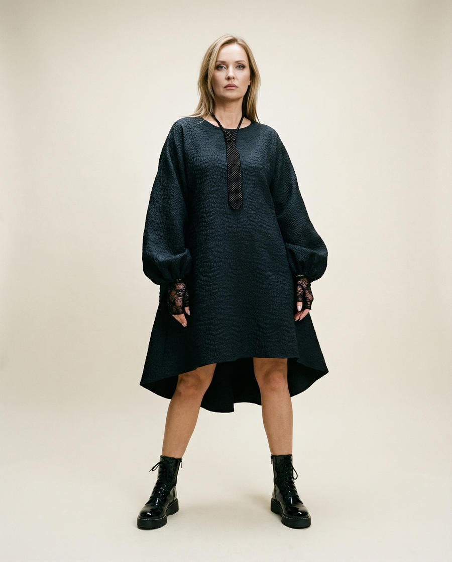 Oversized Lantern Sleeve Dress with Asymmetrical Hemline – Gothic Inspired Minimalism