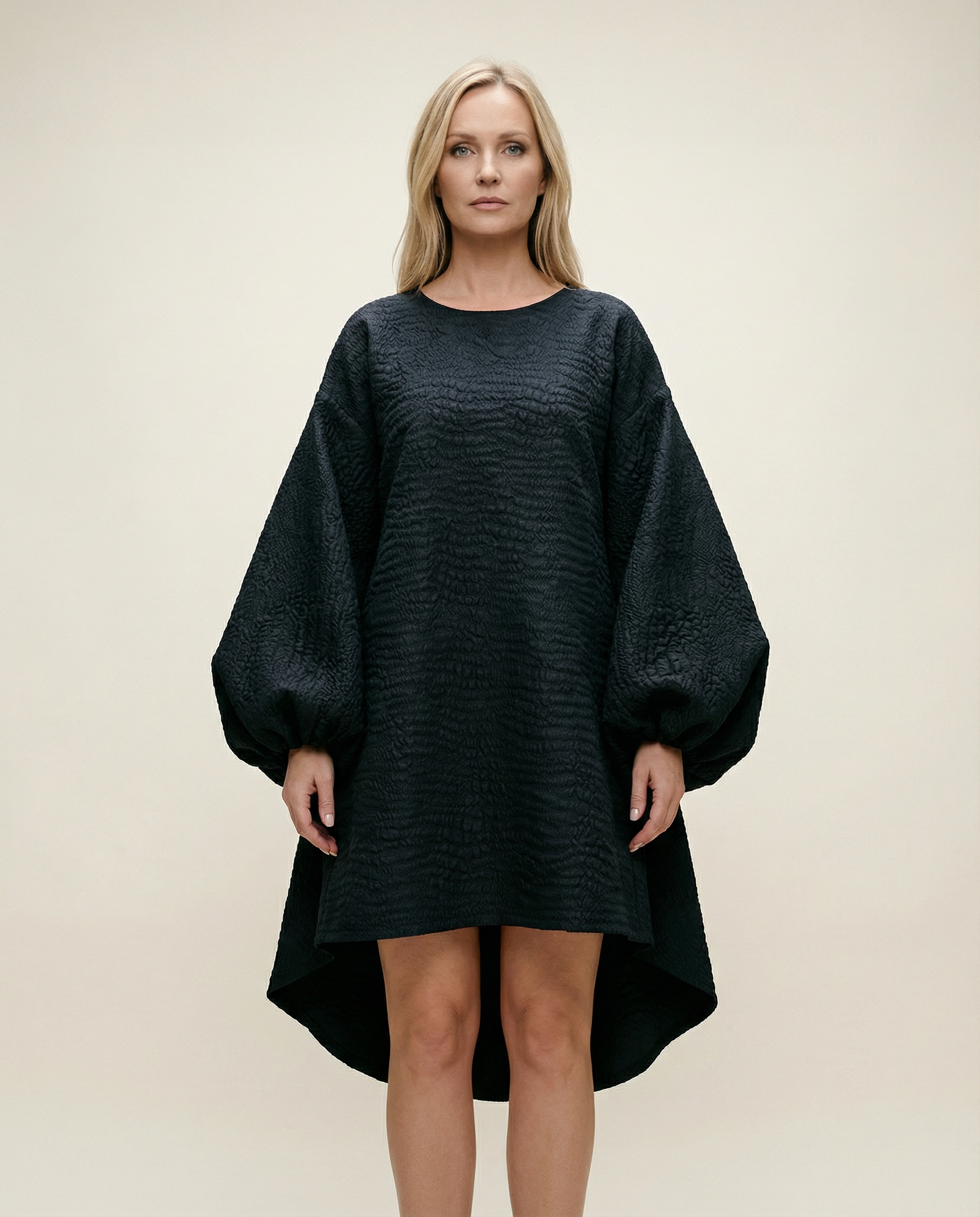 Oversized Lantern Sleeve Dress with Asymmetrical Hemline – Gothic Inspired Minimalism