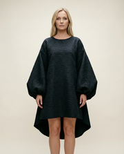 Oversized Lantern Sleeve Dress with Asymmetrical Hemline – Gothic Inspired Minimalism