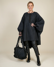 Oversized Lantern Sleeve Dress with Asymmetrical Hemline – Gothic Inspired Minimalism