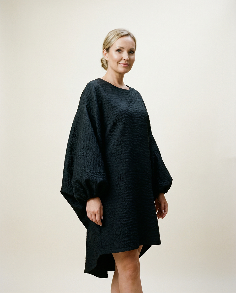 Oversized Lantern Sleeve Dress with Asymmetrical Hemline – Gothic Inspired Minimalism