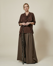 Draped Layered Split-Front Top – Relaxed Fit in Gray, Beige & Brown
