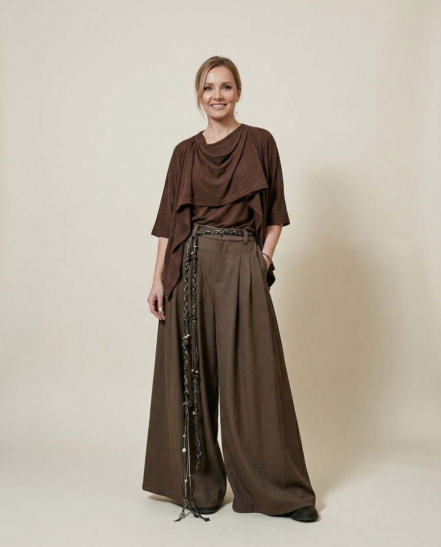 High-Waisted Wide-Leg Trousers – Flowy Palazzo Style in Black, Brown & Cream