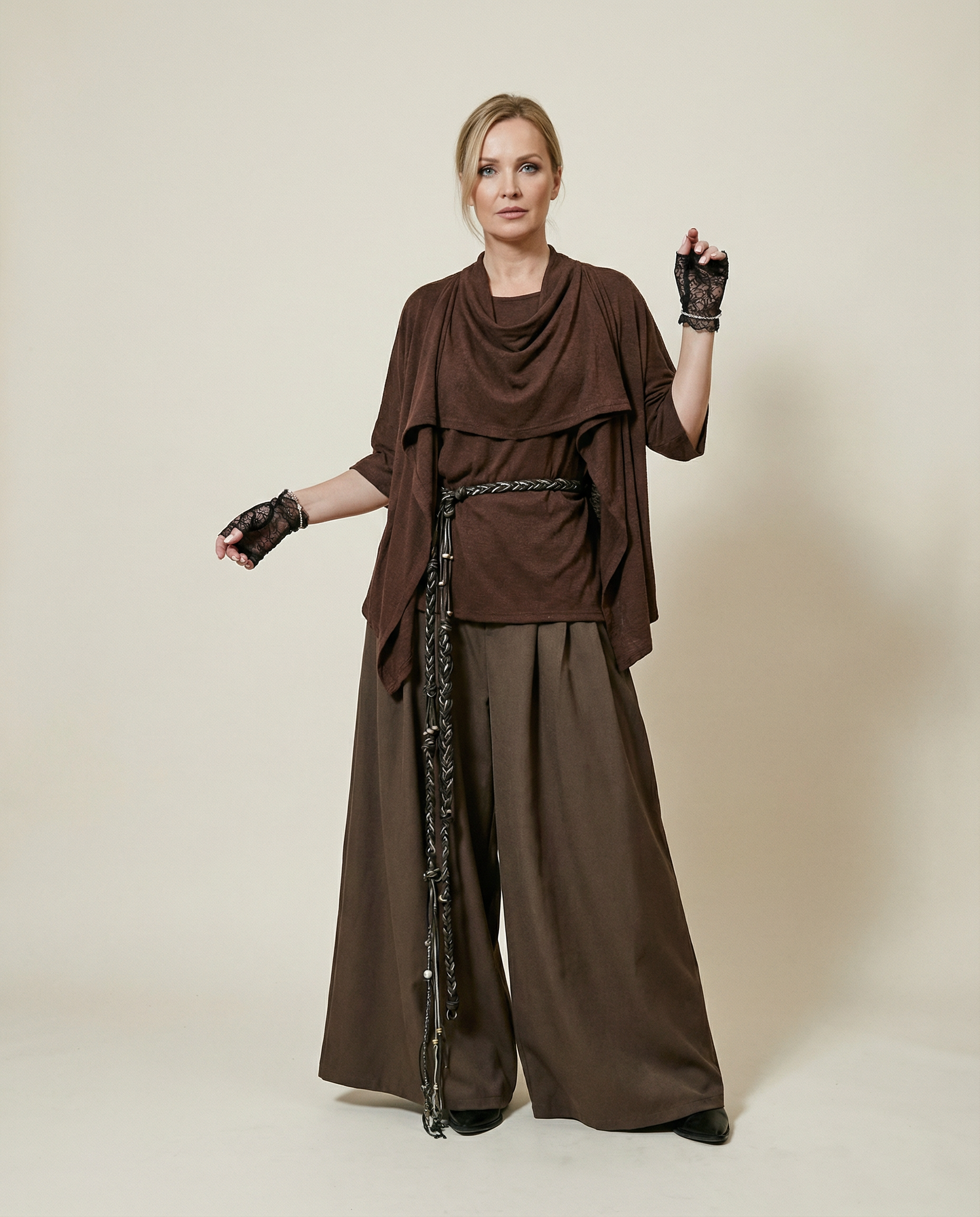 Draped Layered Split-Front Top – Relaxed Fit in Gray, Beige & Brown-SimpleModerne