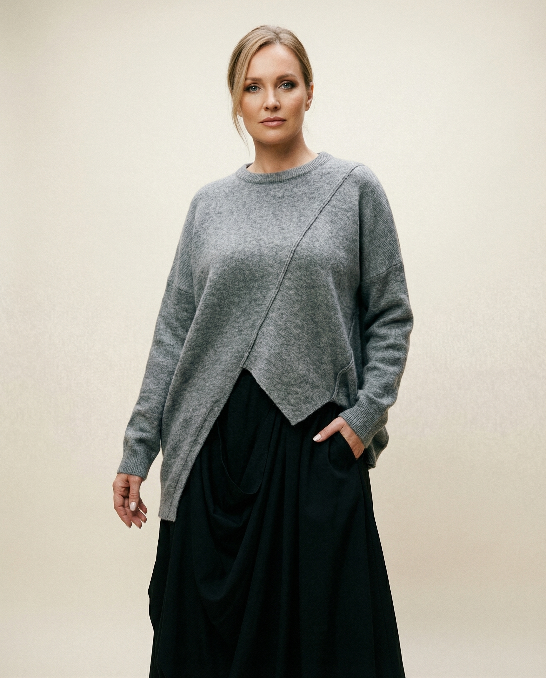 Asymmetrical Hem Oversized Knit Sweater – Gray | Casual Minimal Goth