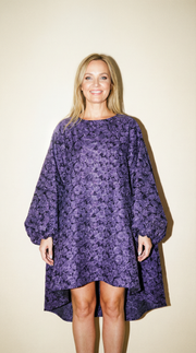 Purple Floral Lantern Sleeve Asymmetrical Dress - Elegant Winter-Ready Design