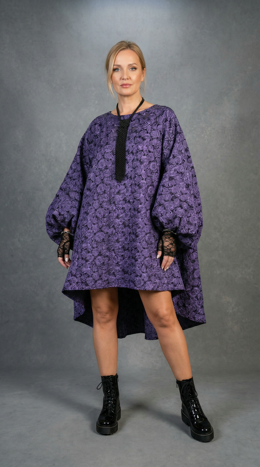 Purple Floral Lantern Sleeve Asymmetrical Dress - Elegant Winter-Ready Design