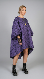 Purple Floral Lantern Sleeve Asymmetrical Dress - Elegant Winter-Ready Design