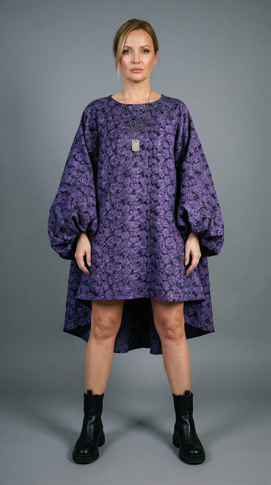Purple Floral Lantern Sleeve Asymmetrical Dress - Elegant Winter-Ready Design