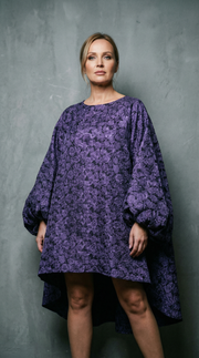 Purple Floral Lantern Sleeve Asymmetrical Dress - Elegant Winter-Ready Design