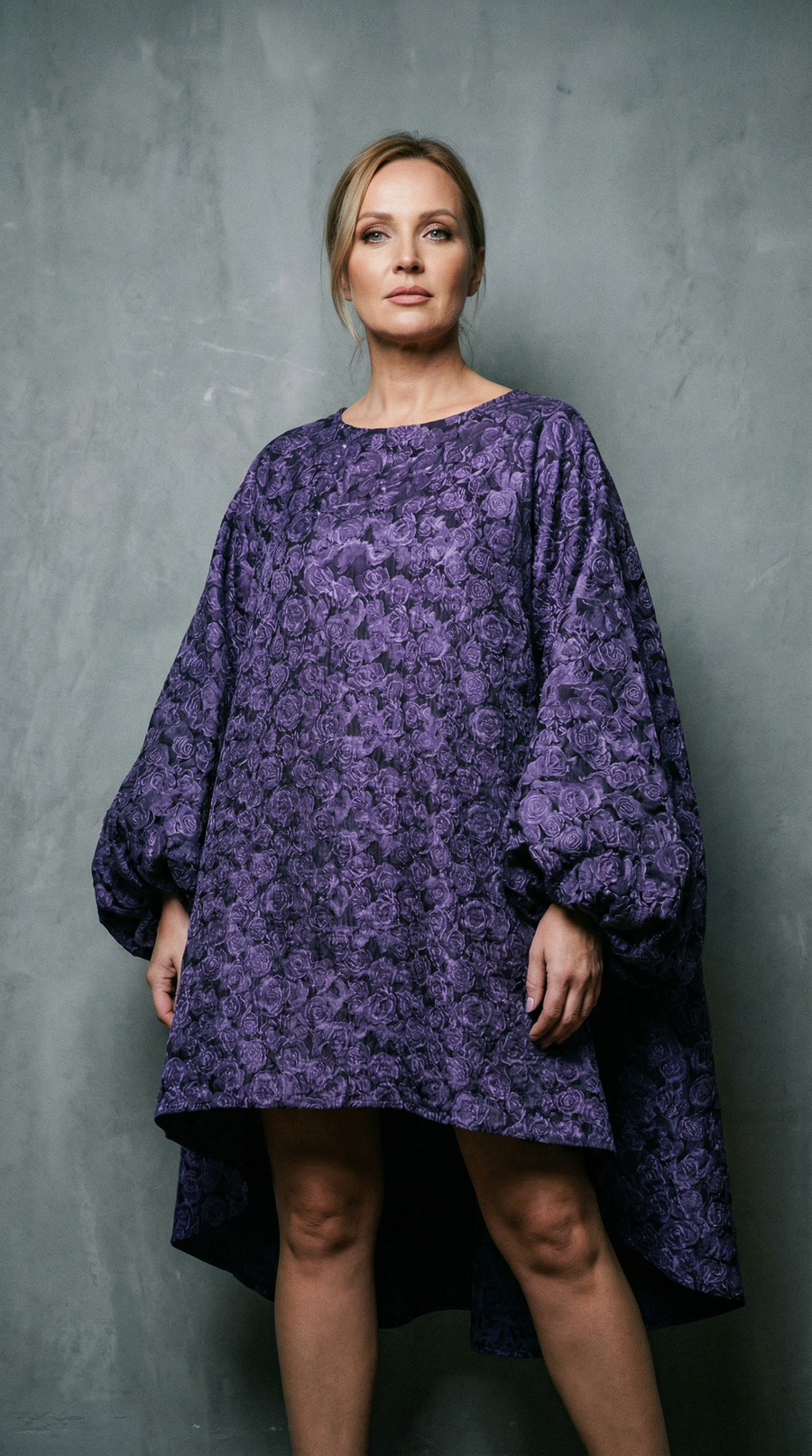 Purple Floral Lantern Sleeve Asymmetrical Dress - Elegant Winter-Ready Design