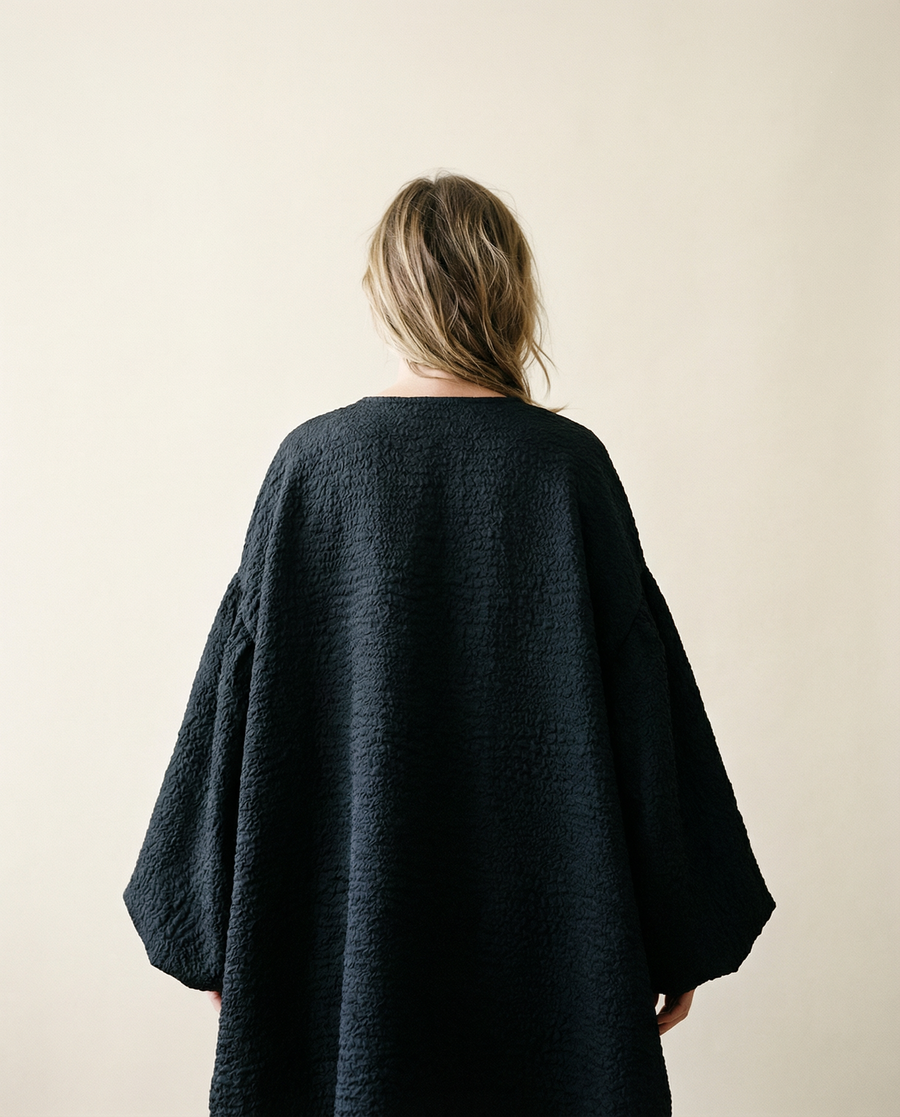 Oversized Lantern Sleeve Dress with Asymmetrical Hemline – Gothic Inspired Minimalism