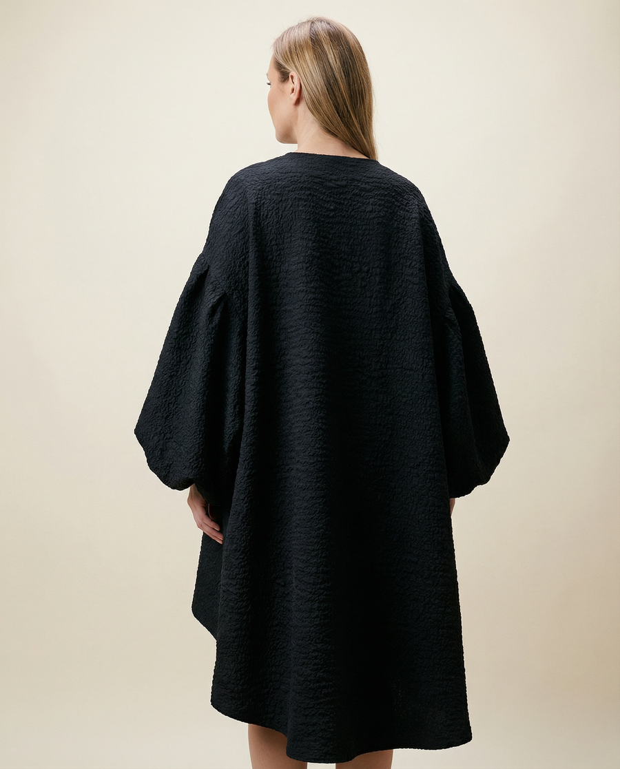 Oversized Lantern Sleeve Dress with Asymmetrical Hemline – Gothic Inspired Minimalism