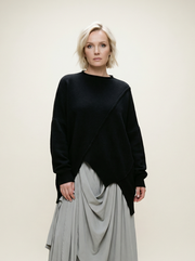 Oversized Black Knit Sweater – Asymmetrical Hem & Raglan Sleeves-SimpleModerne
