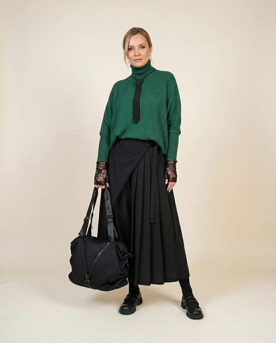 Black Skirt-Pant Hybrid with Pleated Overlay – Edgy and Unique Design for Modern Styles