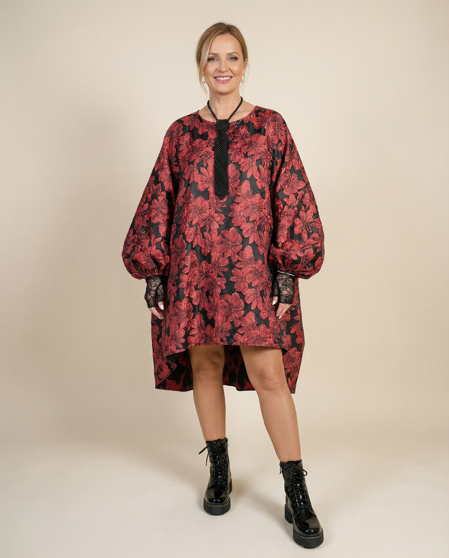 Red Floral Lantern Sleeve Asymmetrical Winter Dress – High-Low Pullover Style
