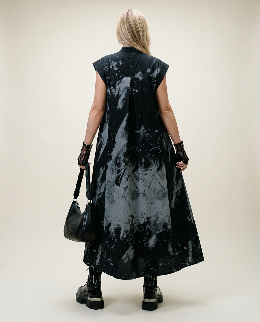 Gothic Sleeveless Tie-Dye Print Dress with Mandarin Collar