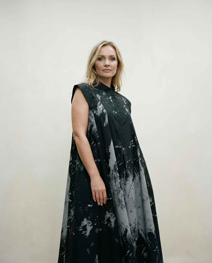 Gothic Sleeveless Tie-Dye Print Dress with Mandarin Collar