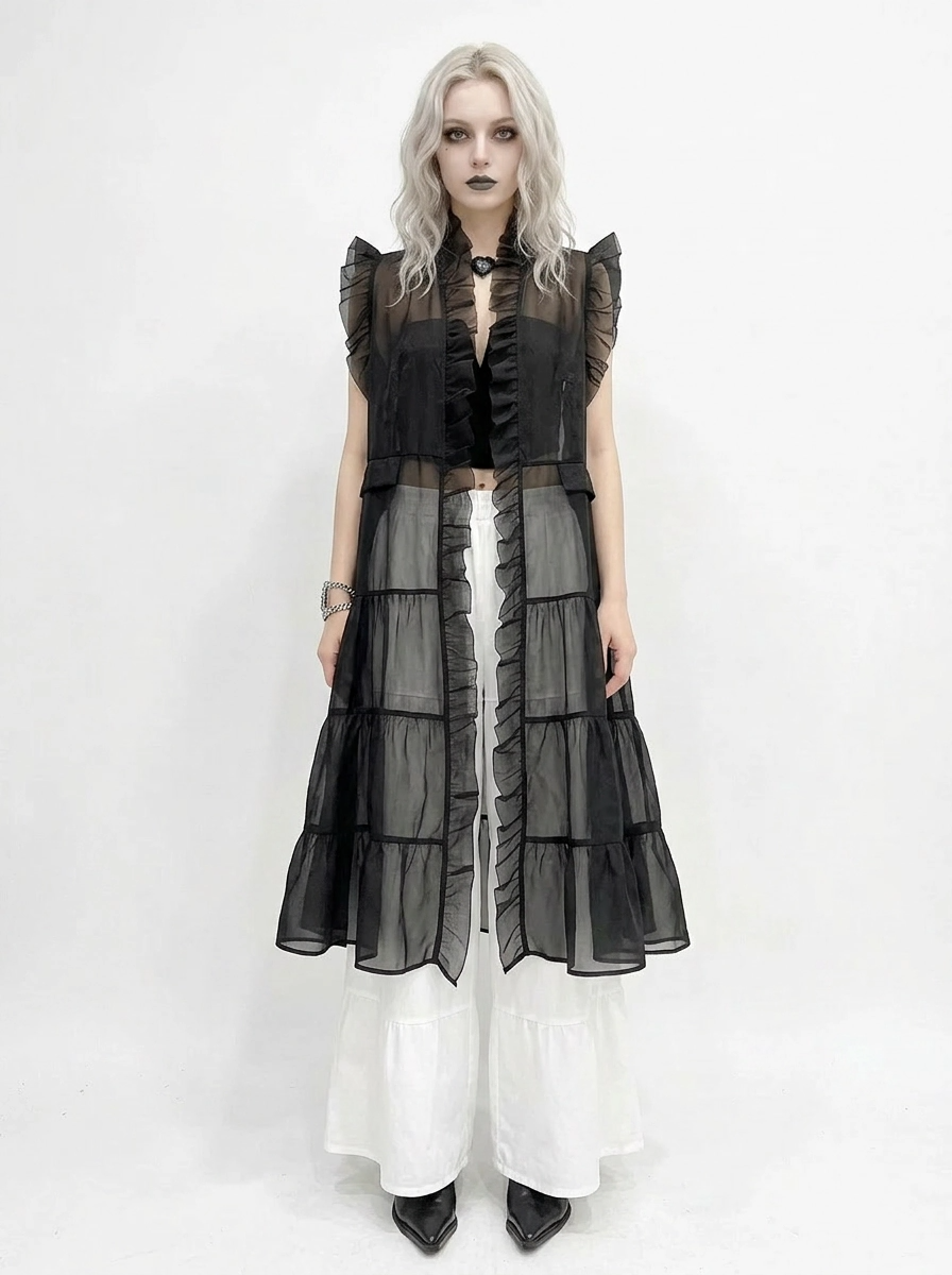 Sheer Gothic Layering Vest – Ruffled Organza Maxi Overlay in Black-SimpleModerne