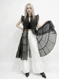 Sheer Gothic Layering Vest – Ruffled Organza Maxi Overlay in Black-SimpleModerne